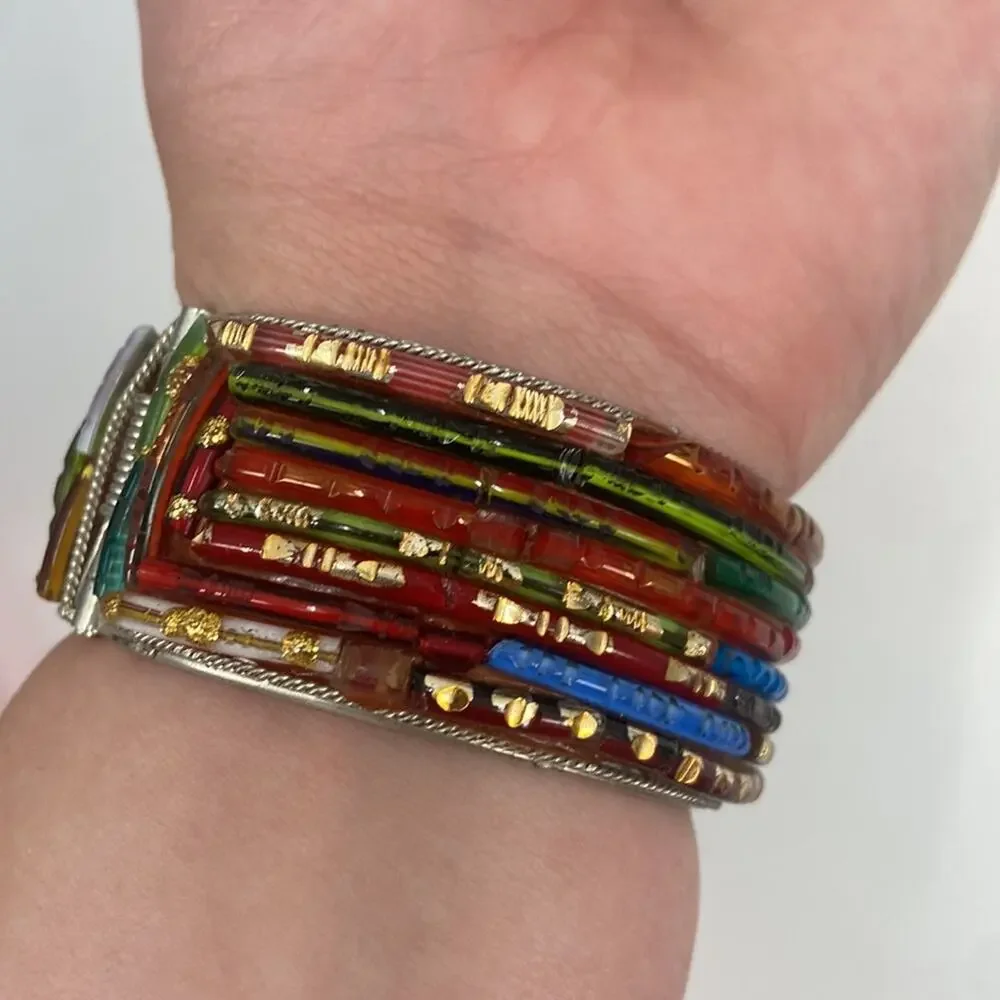 Mosaic Style Multicolored Art Glass Overlay Clamper bracelet